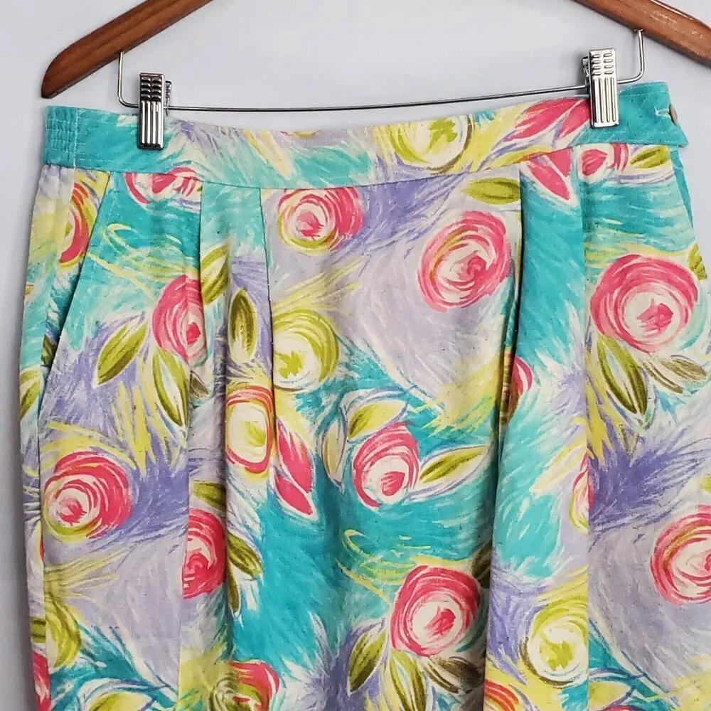 Vintage Silk Skirt Womens Size 14  Blue Pink Midi Cottage Coquette 80s Glam Rock
